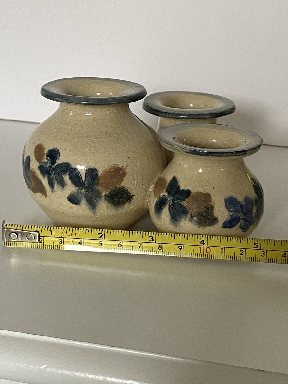 Handmade Art Pottery Small Bud Vase 3 Attached Beige Blue Flowers 3” Signed EUC