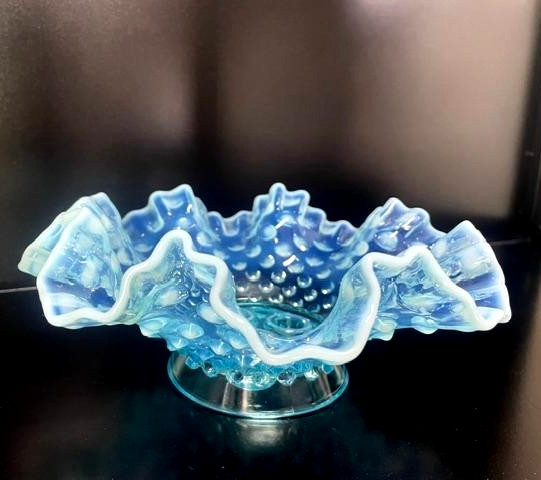 VTG Fenton Blue Opalescent Hobnail Glass Epergne Ruffled Edge BASE ONLY RARE