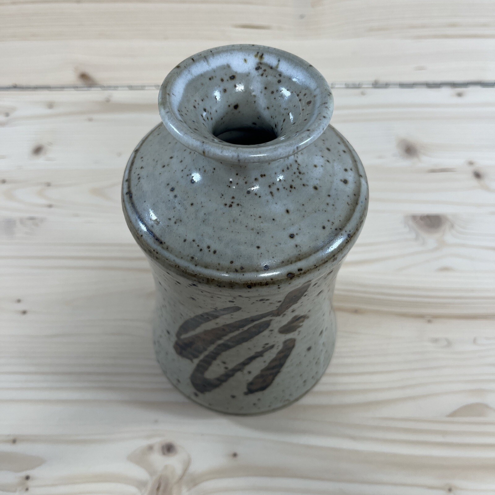 Studio Pottery Flower Vase Speckled Beige Asian Look Heavy Artist Stamped 8″