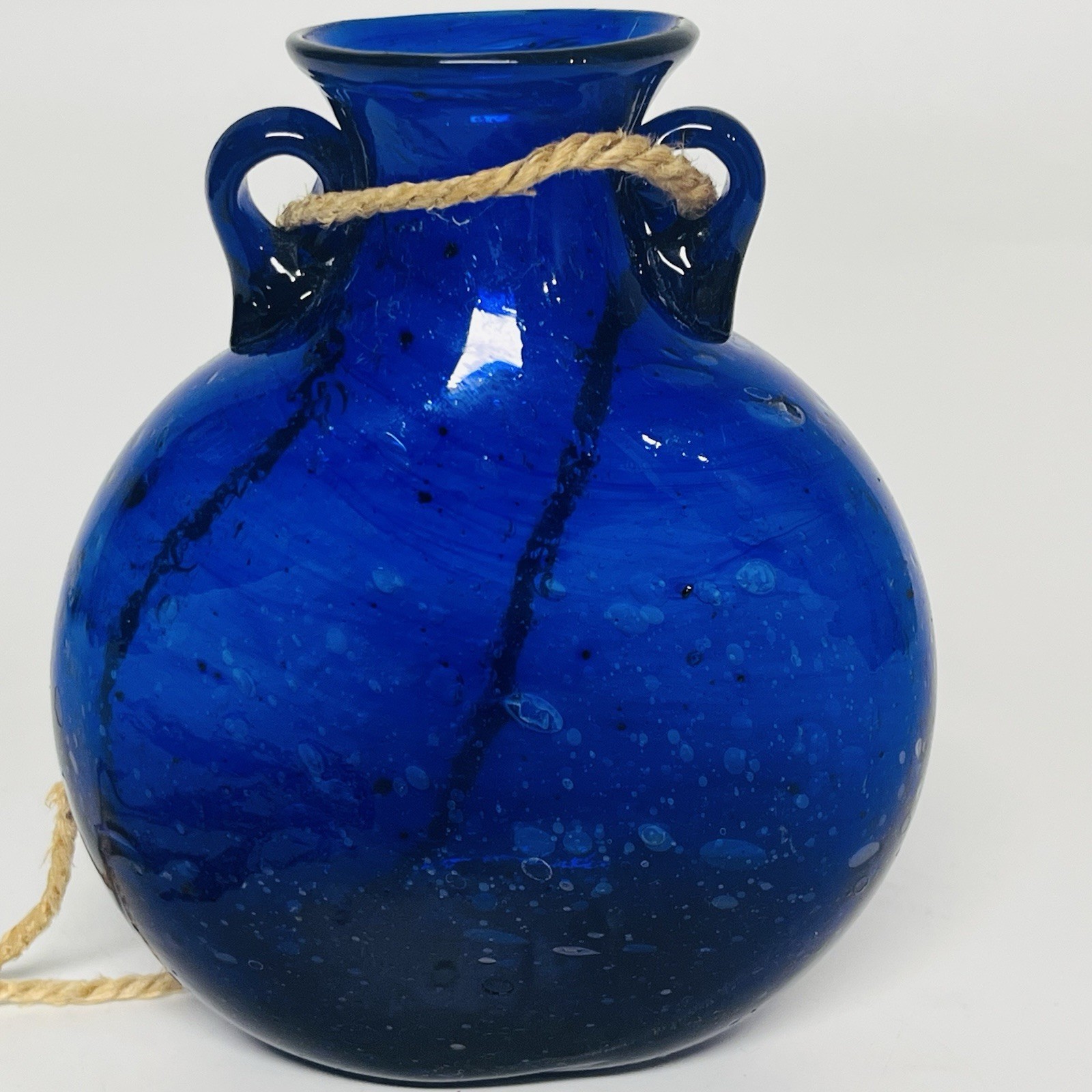 Hand Blown Blue Glass Hanging Vase Suspendable Art Made In Egypt Vintage 5 1/2″T