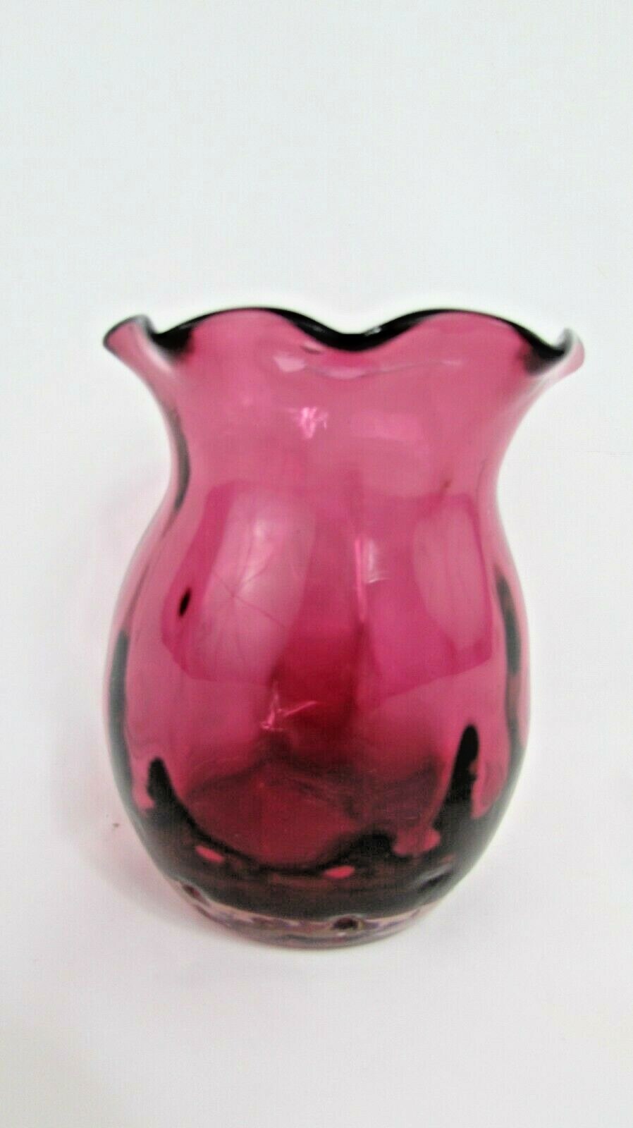 Cranberry Glass Rib Optic Fluted Rim Flower Vase Large 3.5″ Tall 2 3/4″