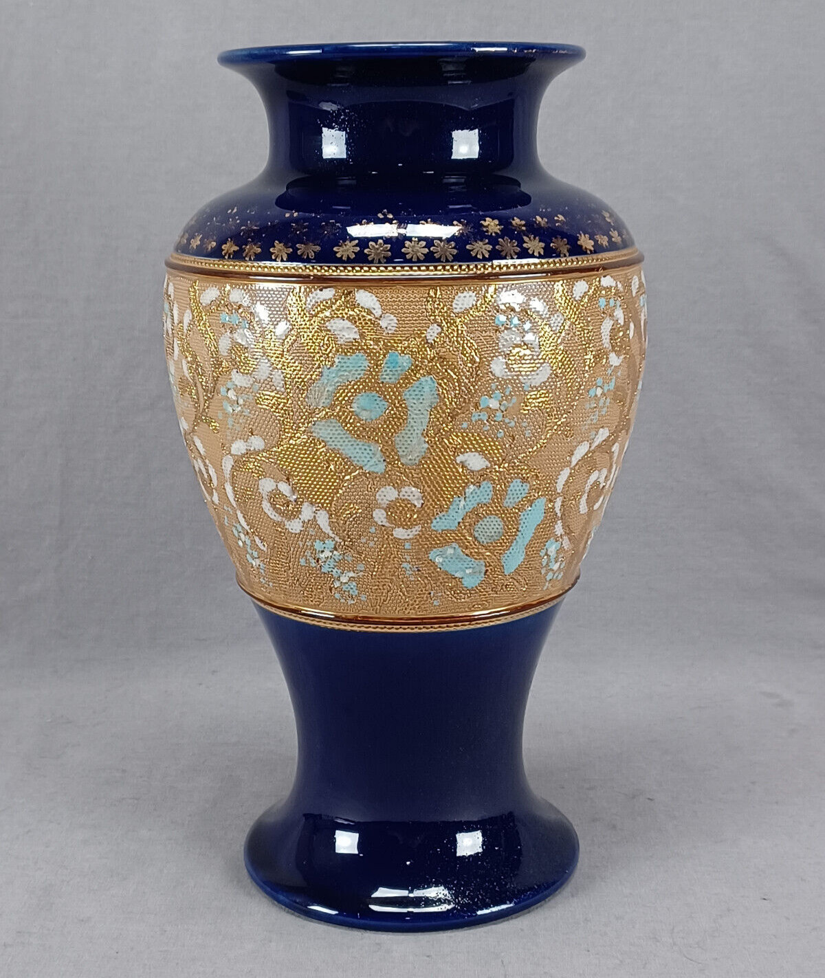 Doulton & Slaters Patent Blue & White Enamel Floral Cobalt 10 1/4 Inch Vase B