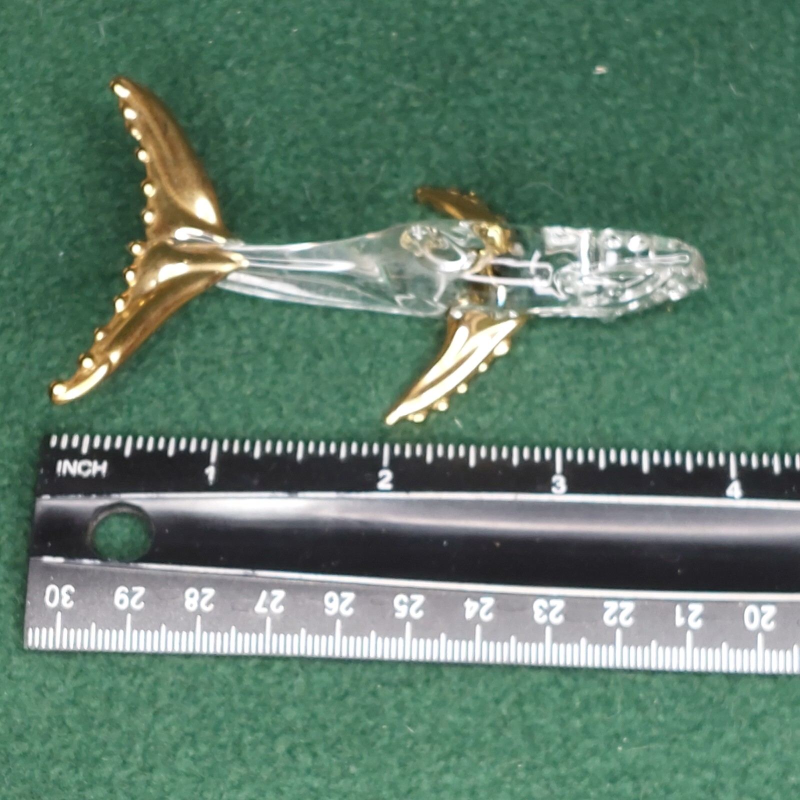 Vintage Glass Whale Figurine 4 inches long Clear with gold tail and flippers