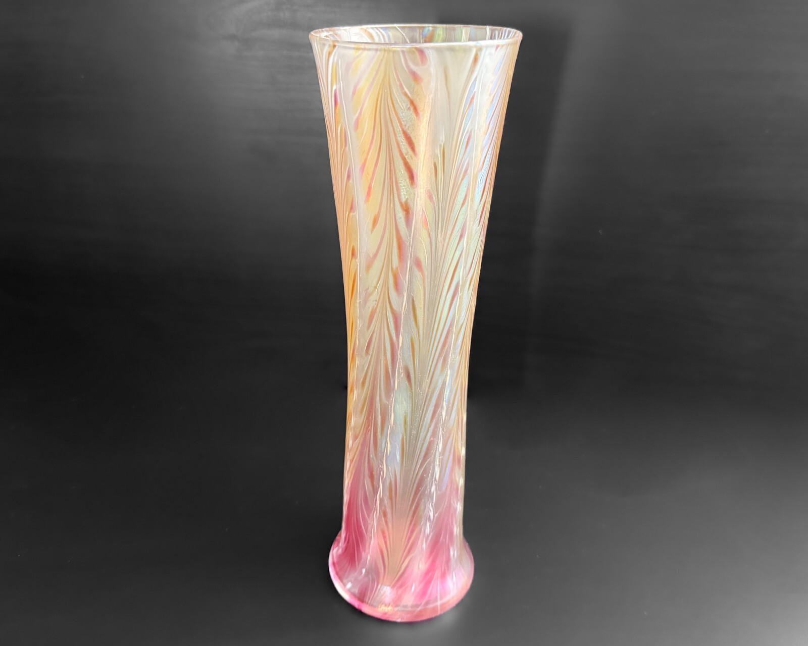 Joseph Morel Zellique 13″ Orange Pink Iridescent Pulled Feather Art Glass Vase