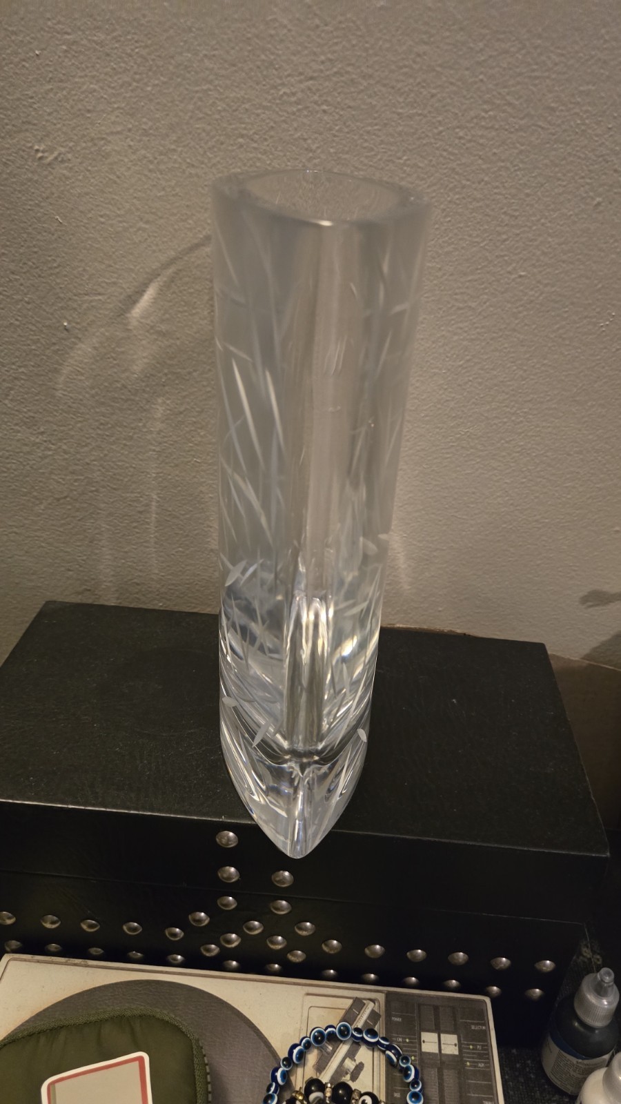 Vintage MOTUS Glass Etched Vase Used 9.5 x 7.0 x 2.5 Inches