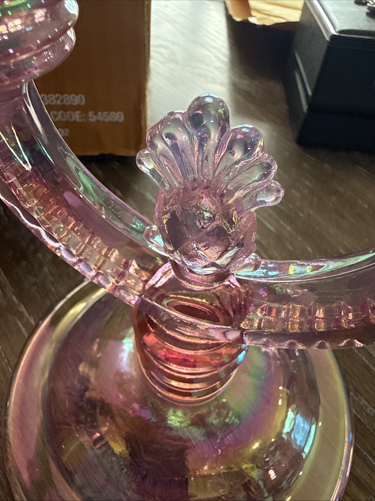 (1) Rare Vintage Fenton Pineapple Candlestick Double Light Iridescent Pink