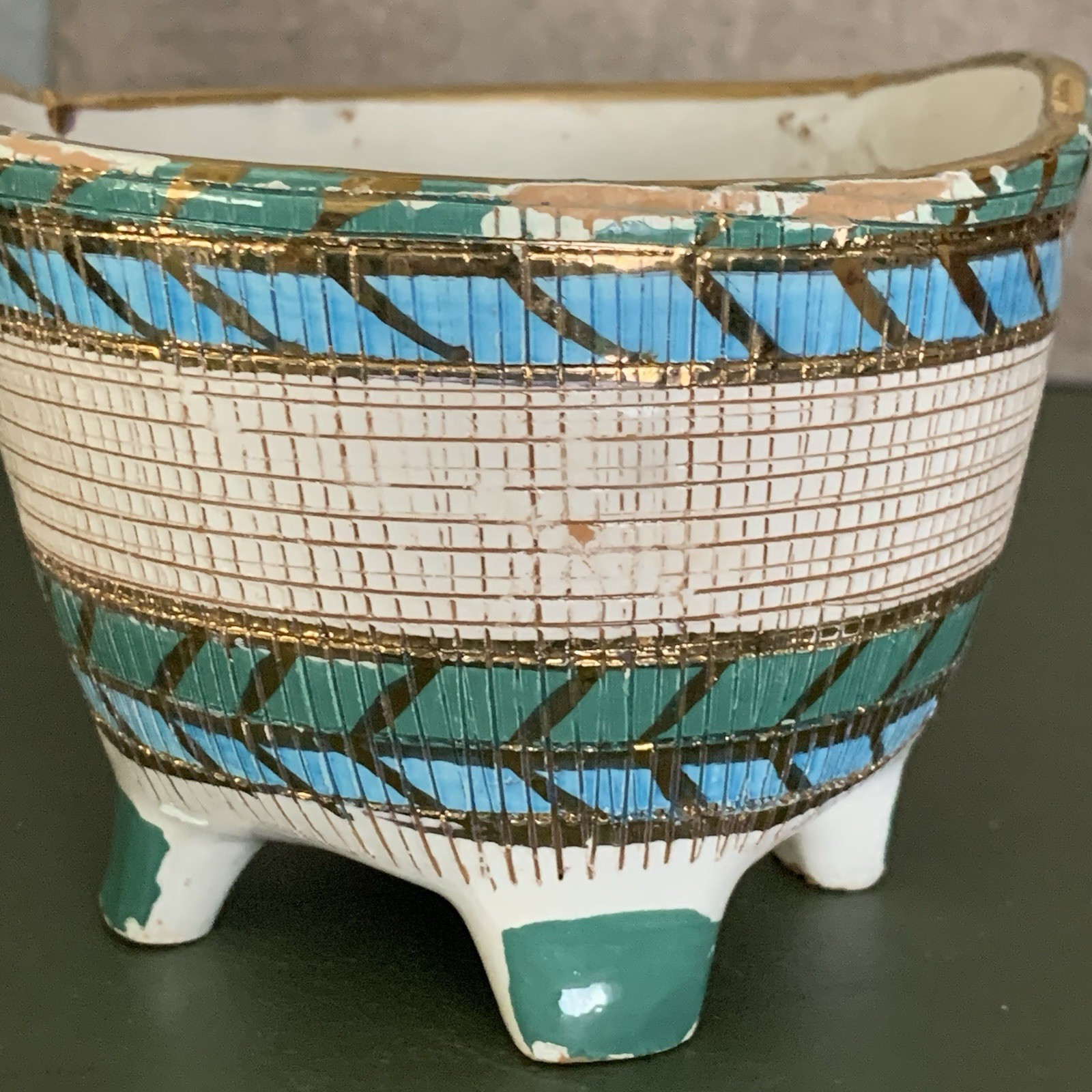 Vintage Bitossi Aldo Londi Rimini Cross Hatched Blue Gold Planter Italy