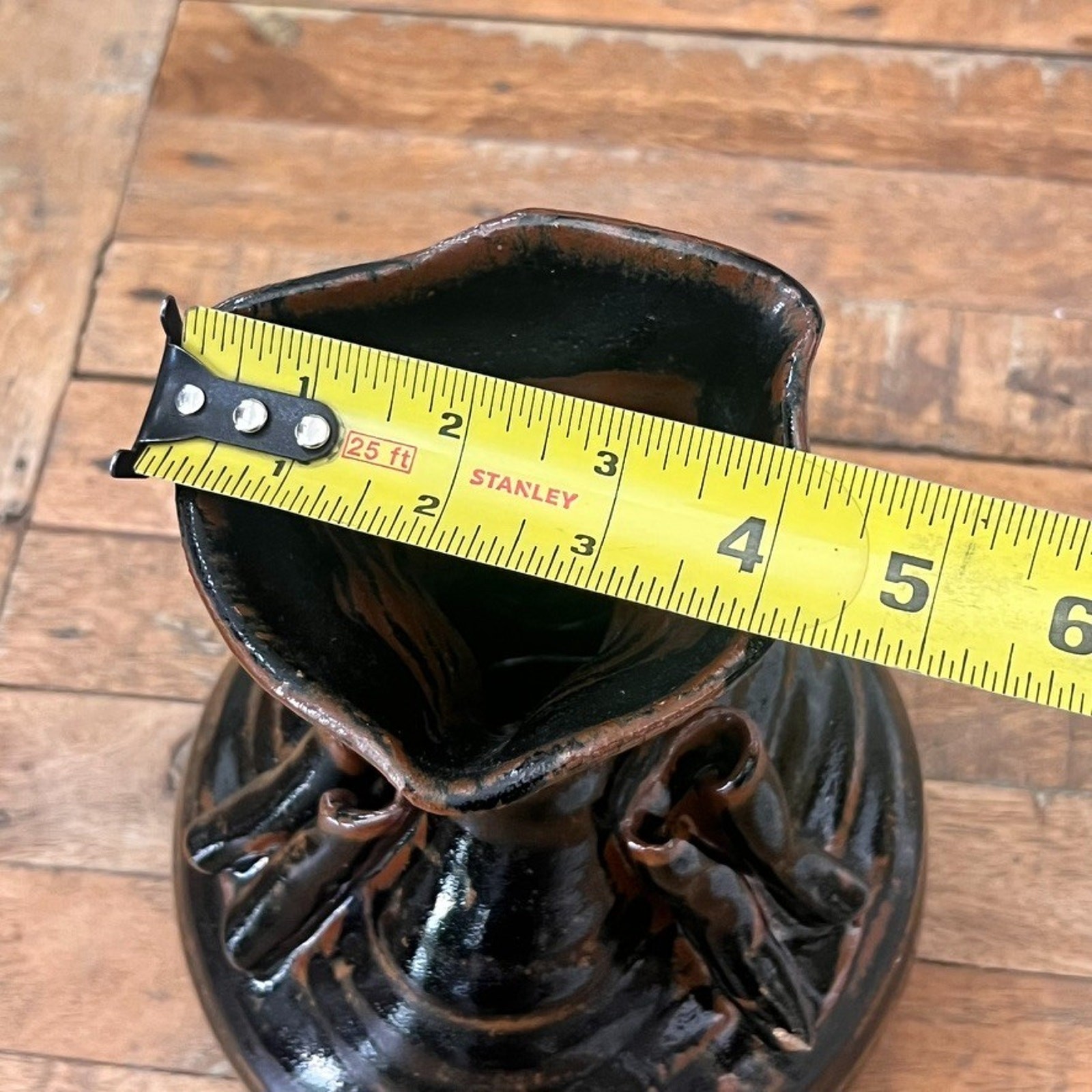 Studio Art Pottery Vase 9.5″ Abstract Black Brown Glazed Modernist Brutalist