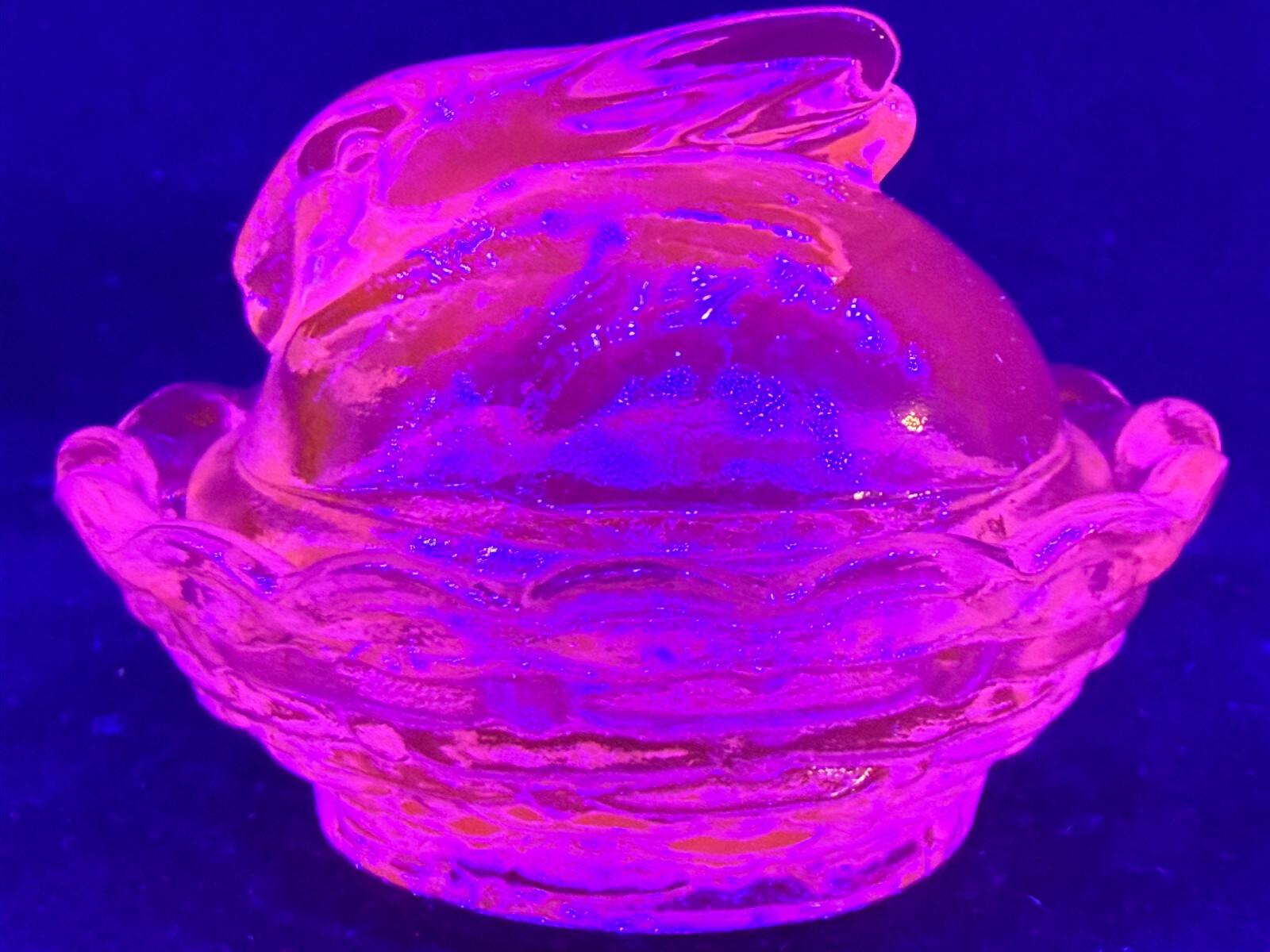 Blue Vaseline Uranium glass Bunny rabbit on nest basket Easter eggs salt cellar