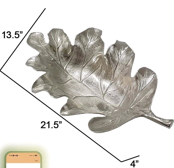 Benjara 22 Inch Modern Decorative Tray, Oak Leaf Design Striking Silver Metal…