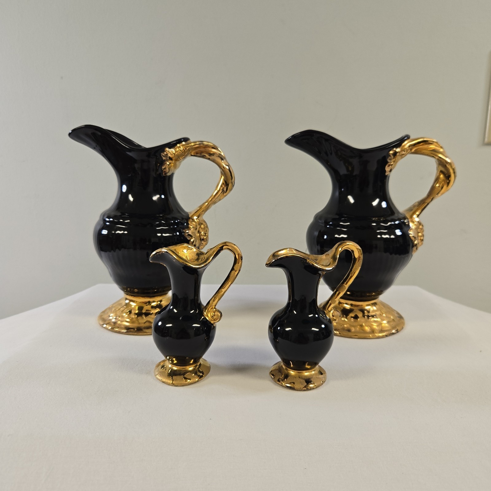 Weeping Gold And Glazed Black Pitcher Set 24K Plated Hollywood Regency MCM