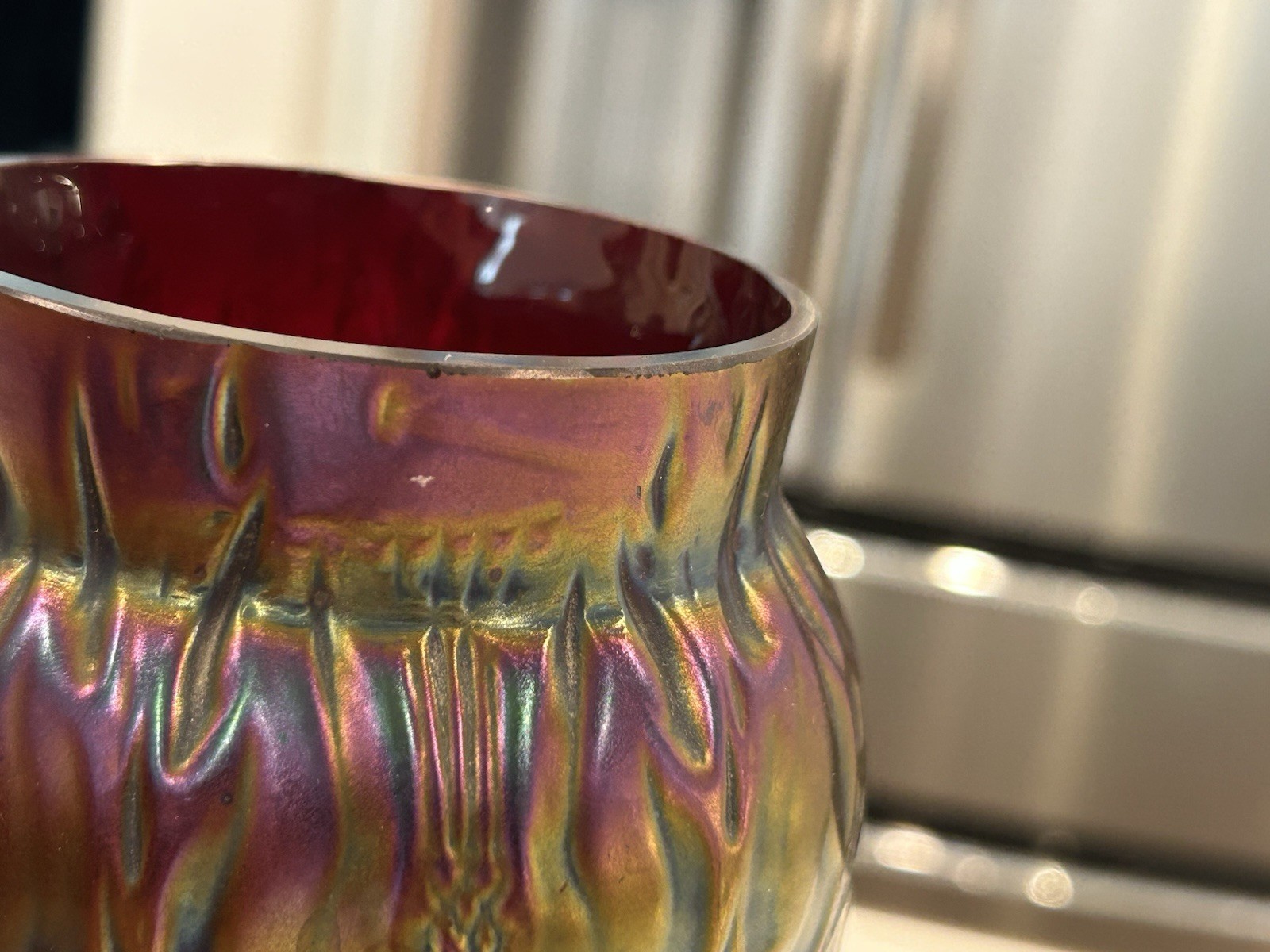 Loetz Iridescent Glass Red Thistle Dragonfly Bronze Mount Tear Drop Vase