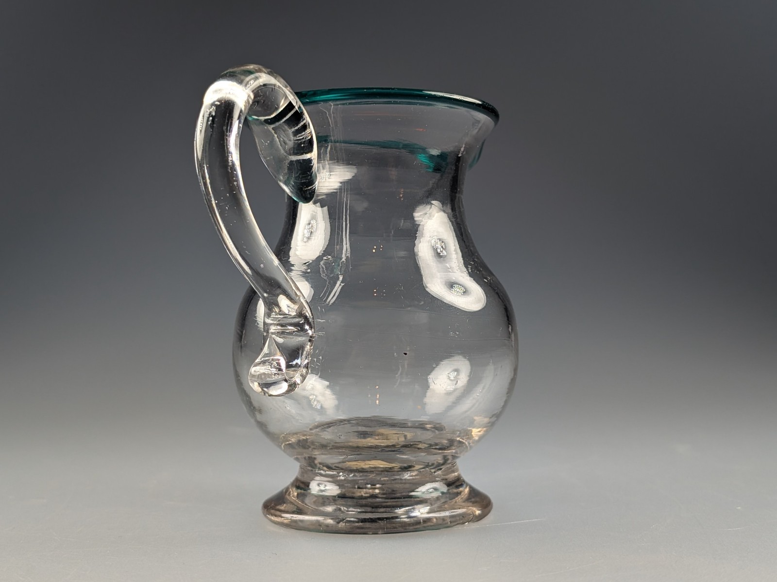 Antique c1800 Georgian Glass Small Jug Pitcher with Teal Blue Rim