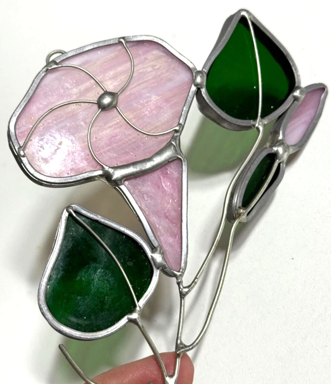 Vintaqe Stained Glass Pink and Green Morning Glory Sun Catcher 5″ x 3 3/4″