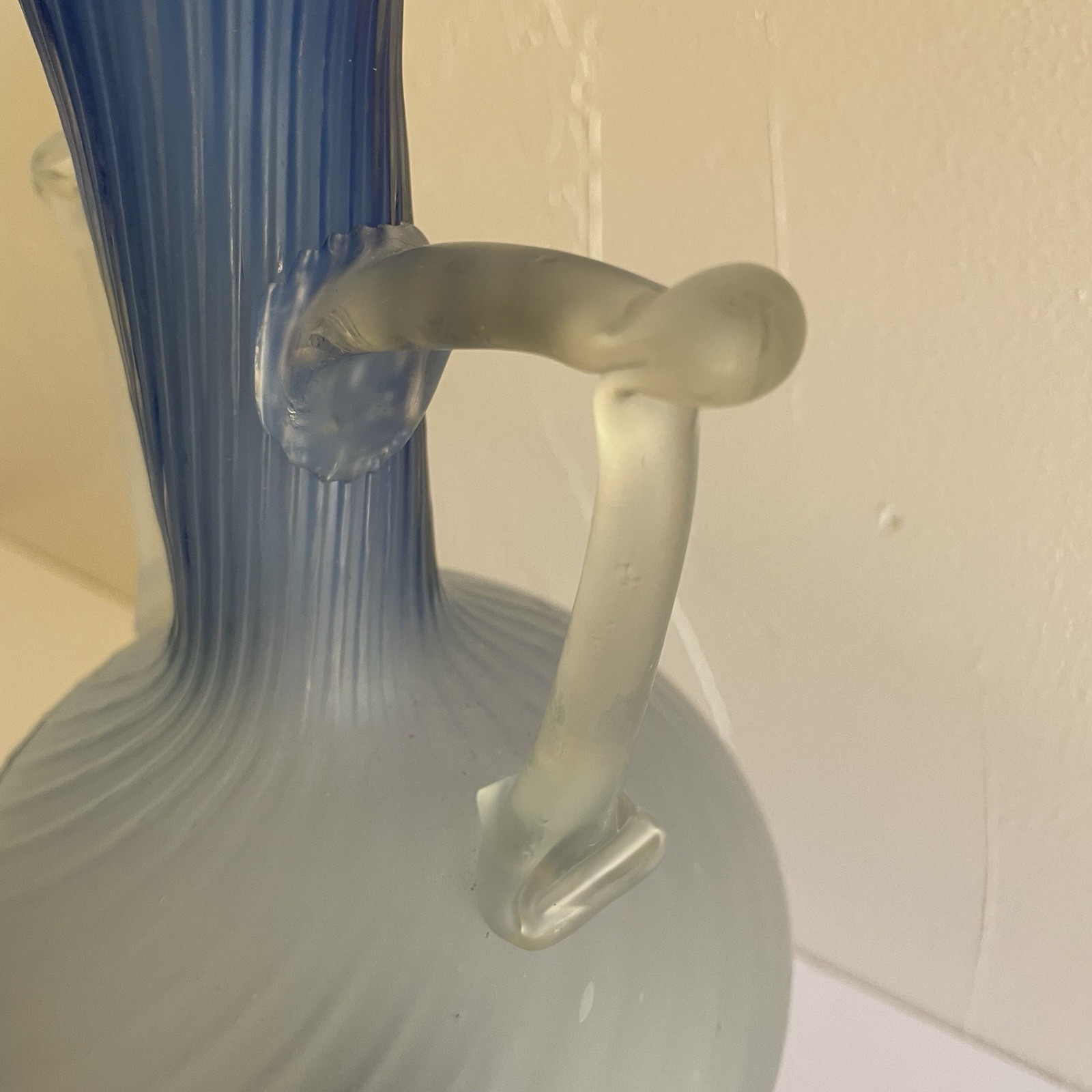 Hand Blown Vintage Satin Art Glass Vase Two Toned Blue 11.5” Frosted 2 Handles