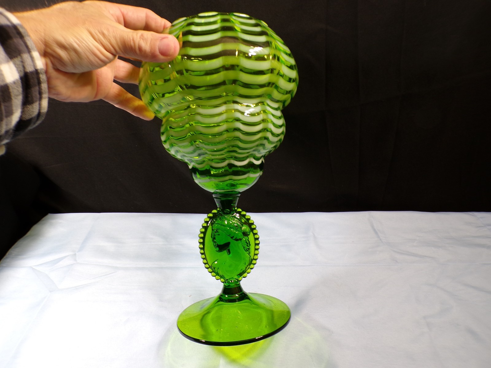 Italian Empoli Draped Green Art Glass Footed Vase Compote Ivy Ball
