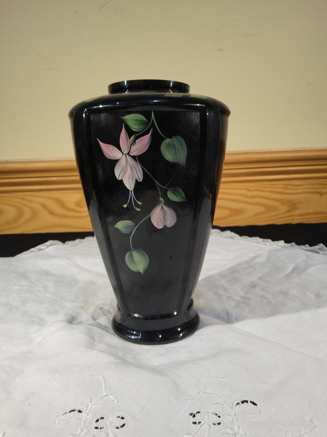 Fenton QVC Black Ebony HP Pink Coral Yellow Floral Green Vining Paneled Vase