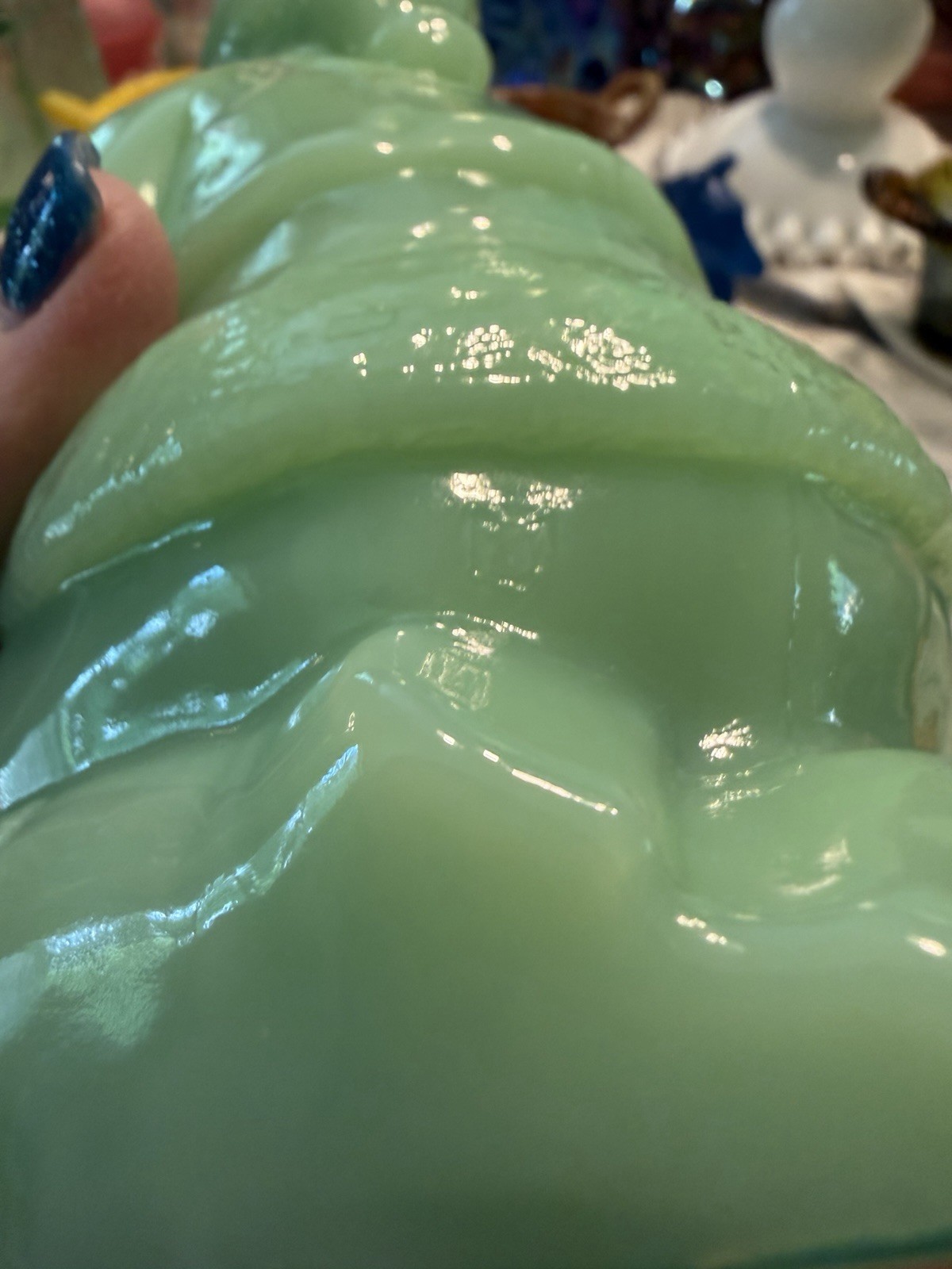 Mosser Jadeite Glass Kneeling Santa Figurine Glossy Finish
