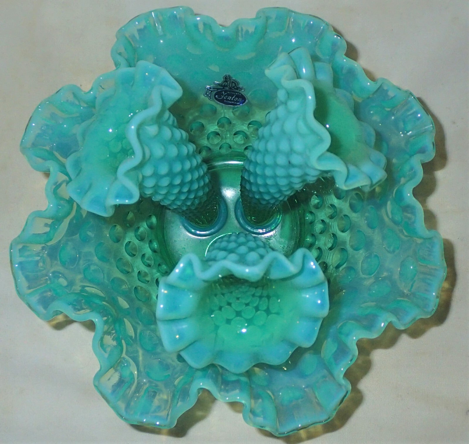 ANTIQUE FENTON HOBNAIL EMERALD GREEN EPERGNE w LABEL ART GLASS FLOWER HORN VASE