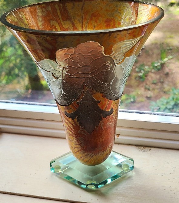 VINTAGE AMBER GOLD ETCHED ART GLASS ART NOUVEAU ART DECO SIGNED BY ARTIST VASE