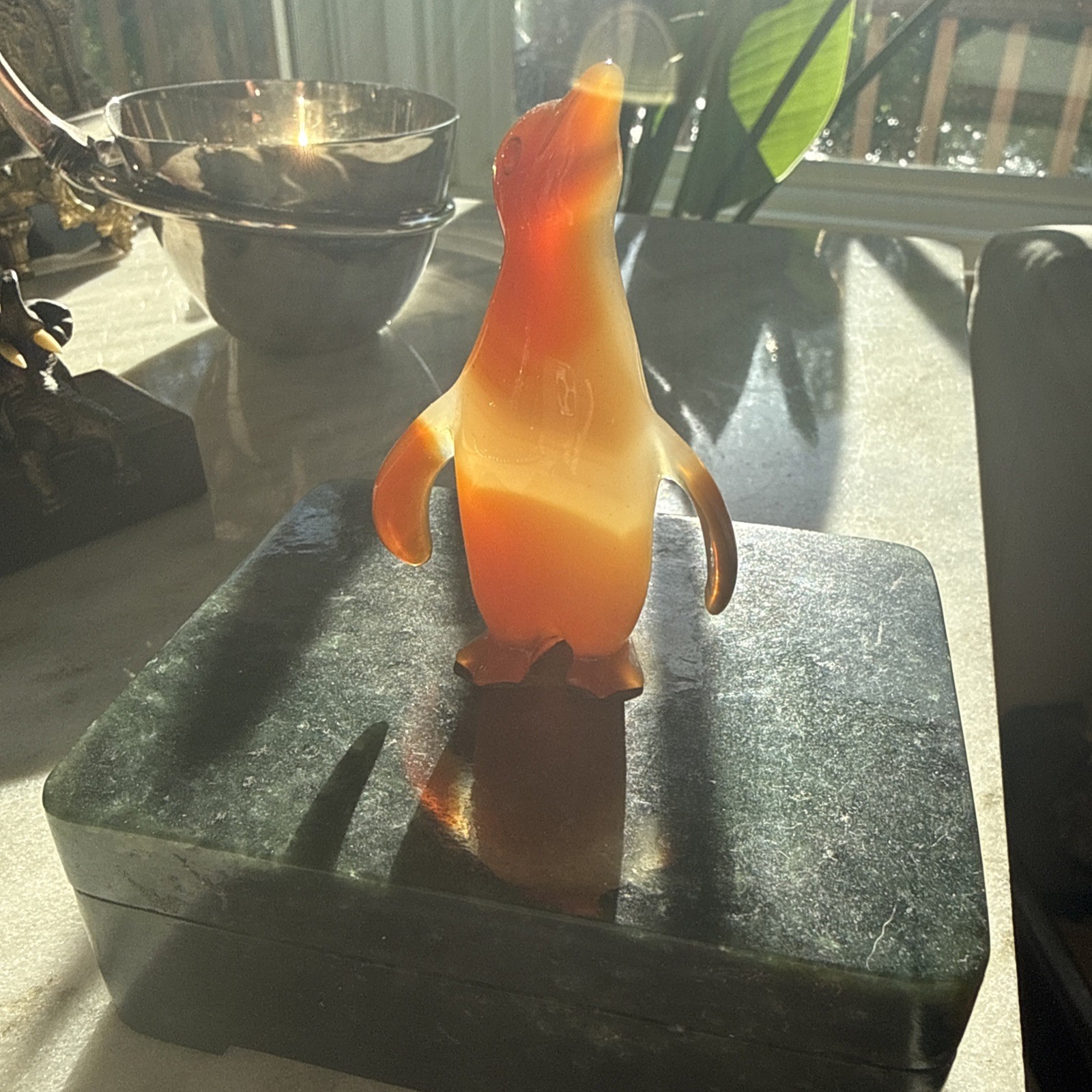 Edward Farmer Attrib Nephrite Jade Box Carnelian Penguin Art Deco NY c.1920