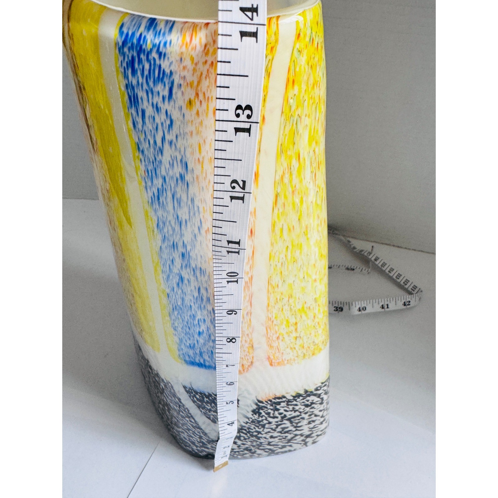 Murano Hand Blown Art Glass Vase Yellow Blue Black 14 Inch