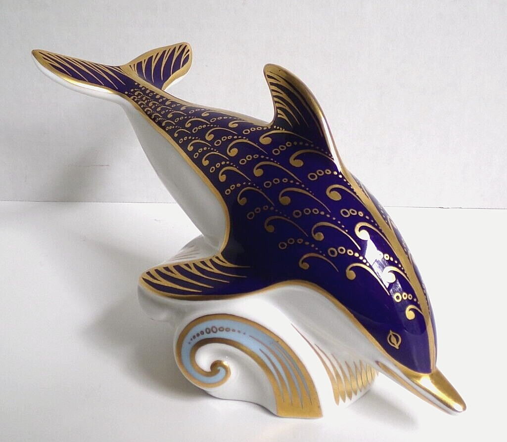 Royal Crown Derby Cobalt Imari Dolphin Porcelain Paperweight 1987 Marked 3.5”