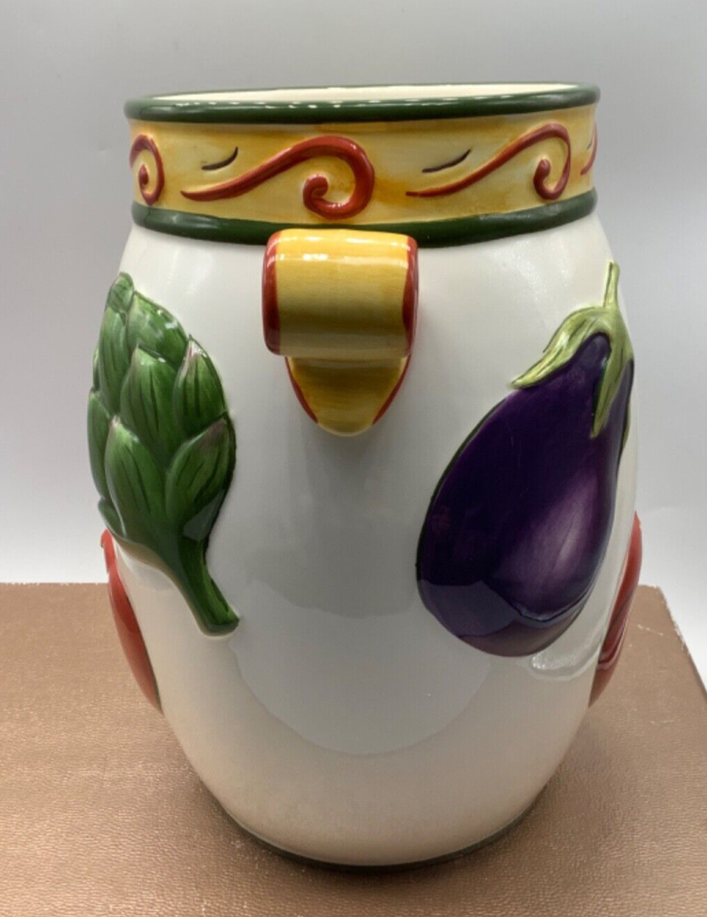 Clay Art Roma Vegetables Hand Painted Vase Utensil Holder Crock Jar Stonelite 8”