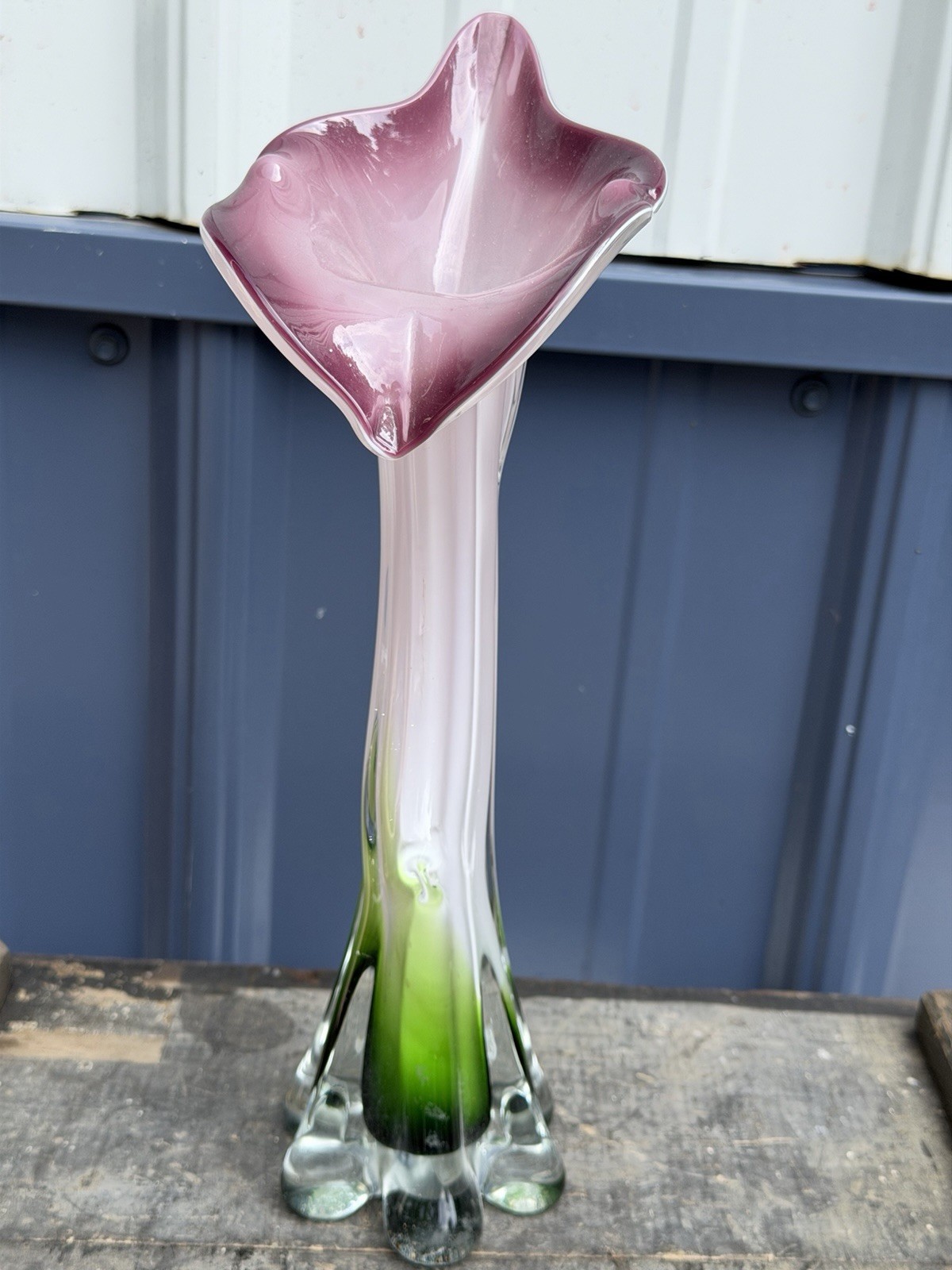 Vintage Cased Art Glass Jack In The Pulpit Vase Green Purple White 12”
