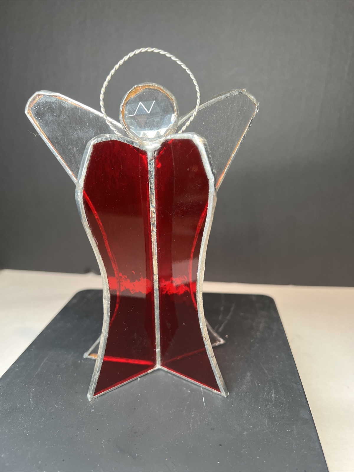 Vintage Stained Glass Angel Figure Self Standing Red READ