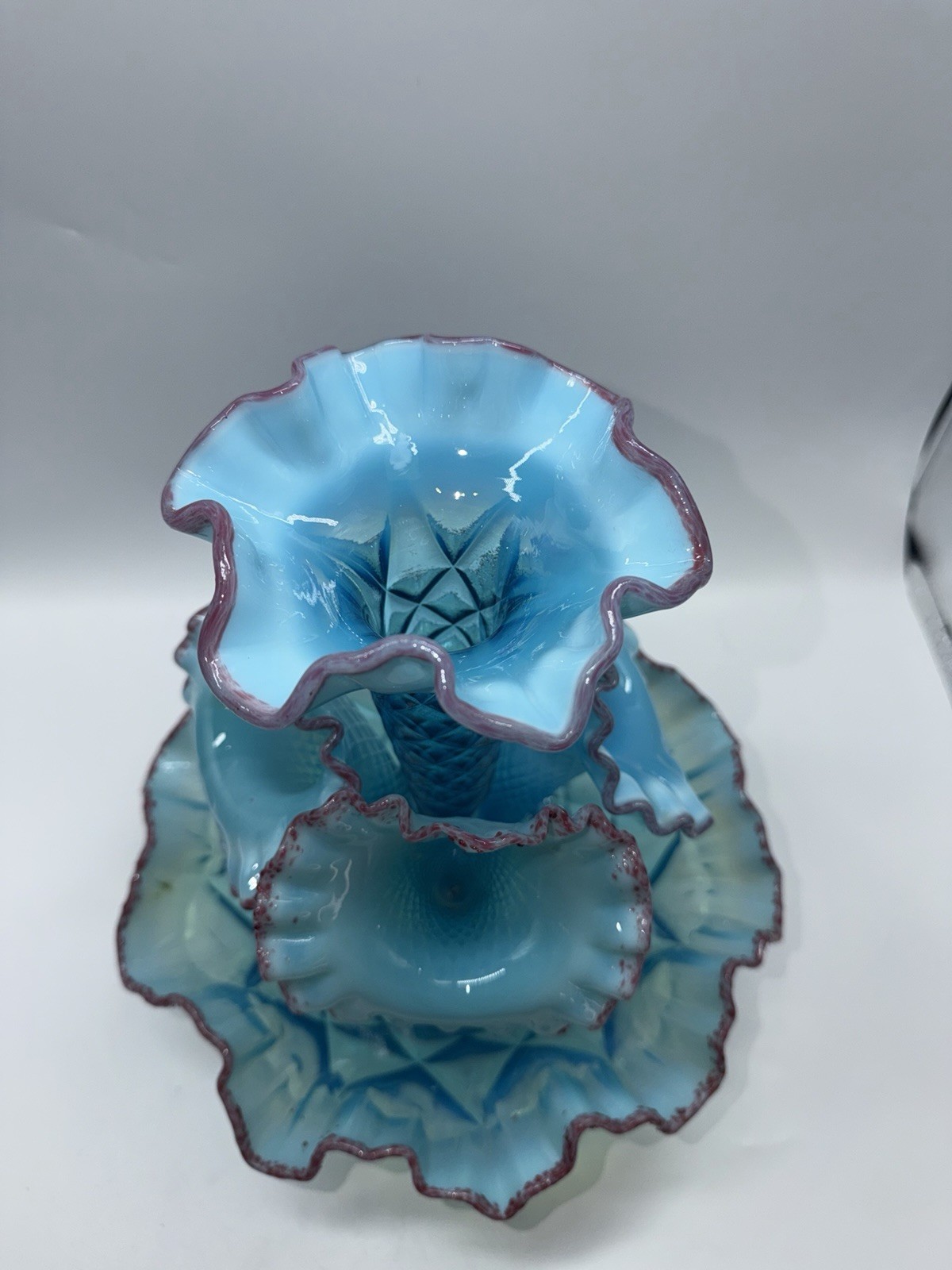 Vintage Epergne Northwood 4 Horn Opalescent Blue Red Frit Stunning READ RARE