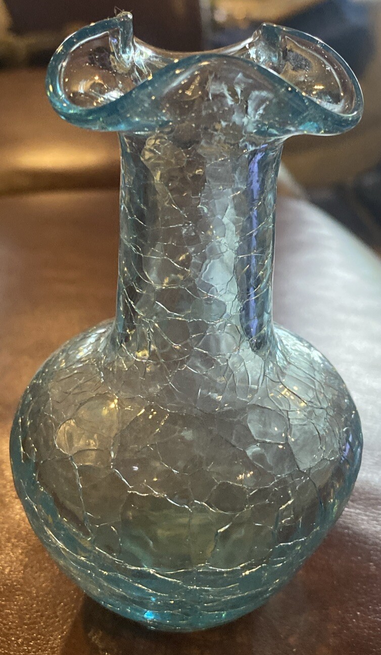 Collectible Bright Blue Hand Blown Crackle Glass Ruffle Vase-Rough Pontil 4.5”