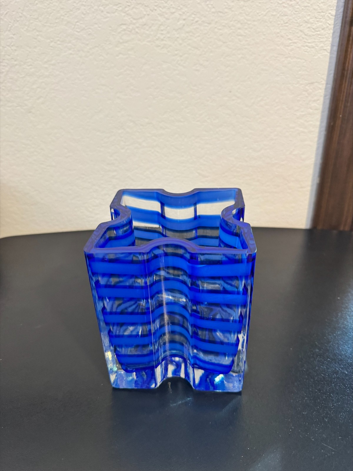 4.8lb Murano Style Cobalt Blue & Clear Art Glass Vase Thick Layered Modern Heavy