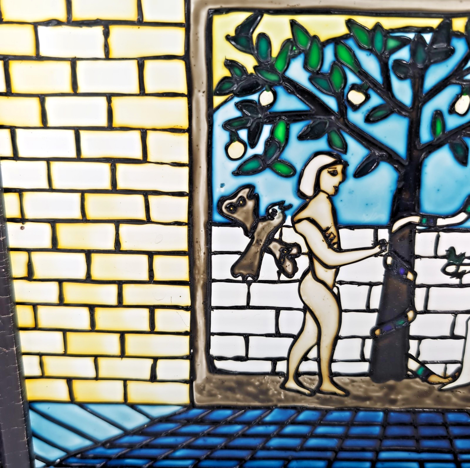 VTG Hand Painted Faux Stained Glass Window Panel Suncatcher Adam Eve Bible Tree