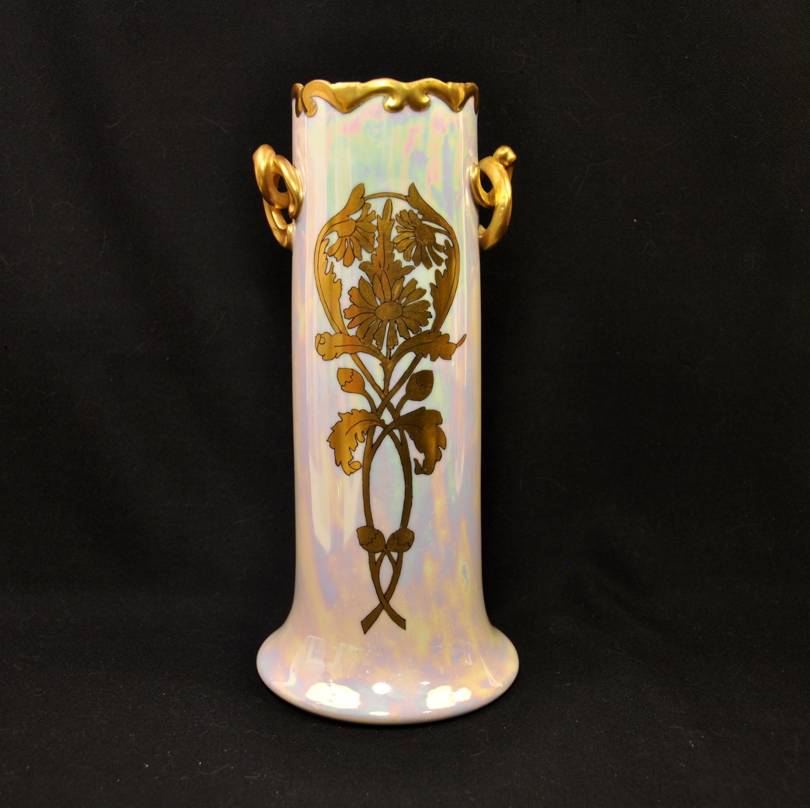 Bavaria Large White Luster Vase 11.5″ Gold Outlined in Black Artist E.M.S. 1914