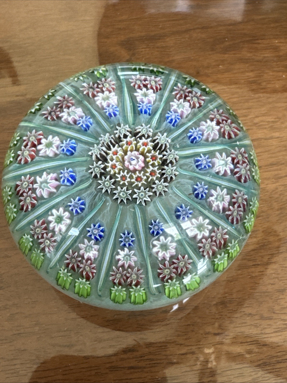 Vintage PERTHSHIRE Radial 14 Spoke Twist Millefiori Glass Faceted Paperweight