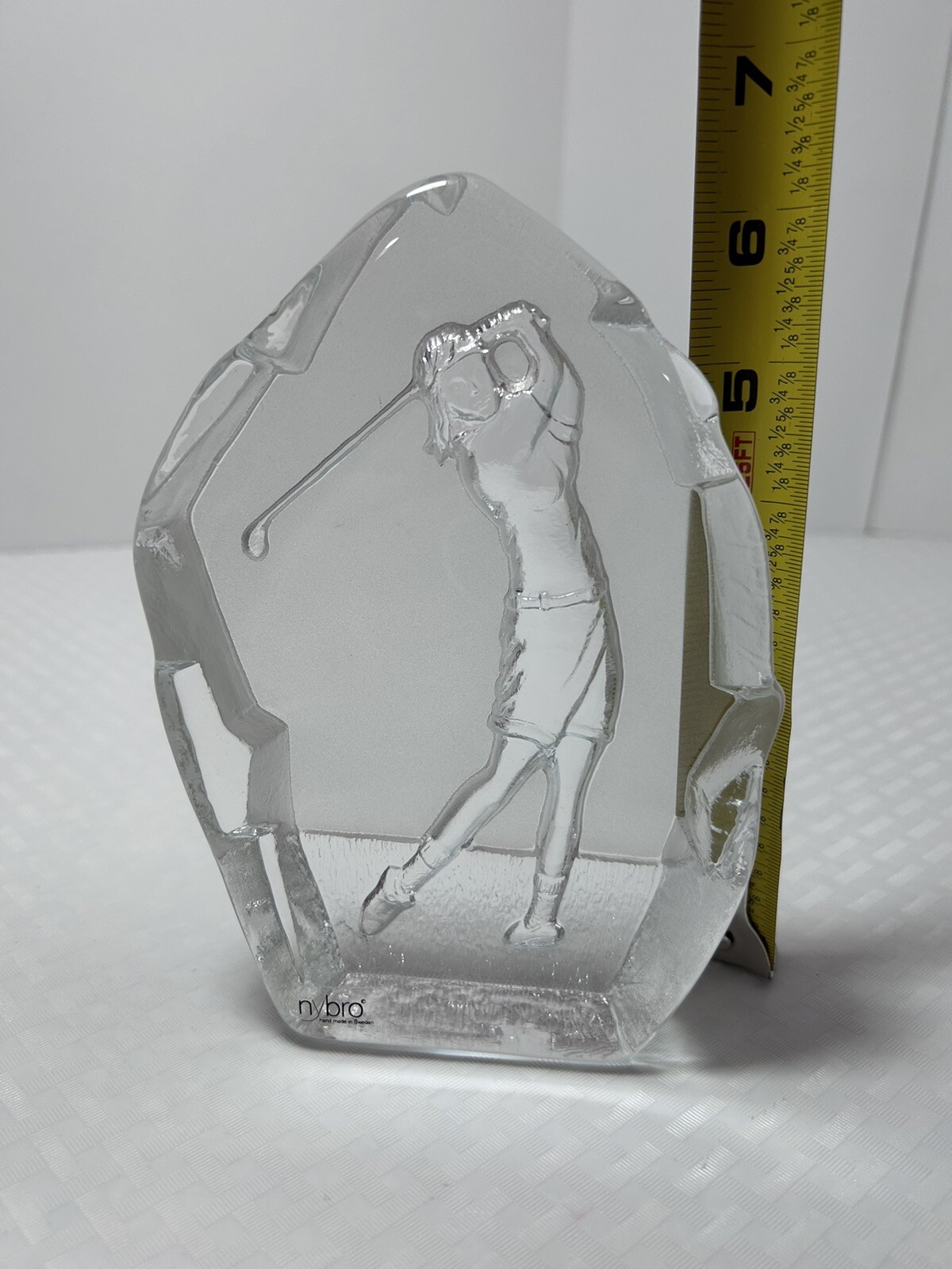 Nybro Sweden Crystal Etched, Female Golfer 6.5” Inches Tall Paper Weight