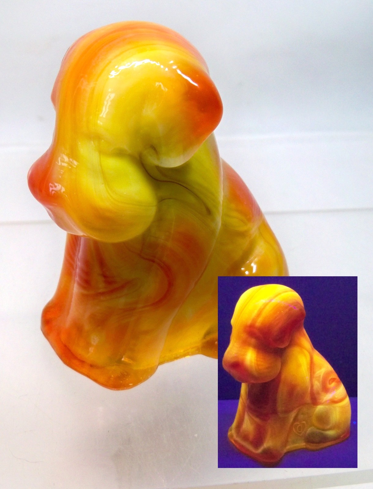 Degenhart Glass Pooch Dog Figurine ~ Buttercup Slag #61 – 1977 UV GLOW