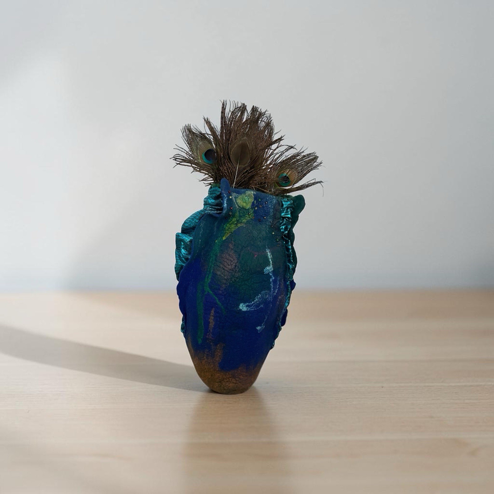 One Of A Kind! Nano felted silk and wool Peacock vessel/vase