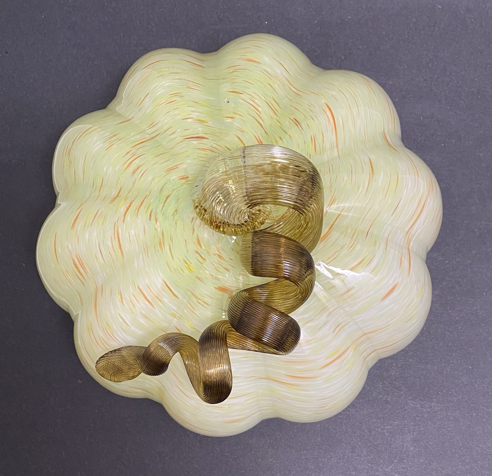 Hand Blown Art Glass Pumpkin Orange Green Flecks Twisted Reeded Clear Stem 9”