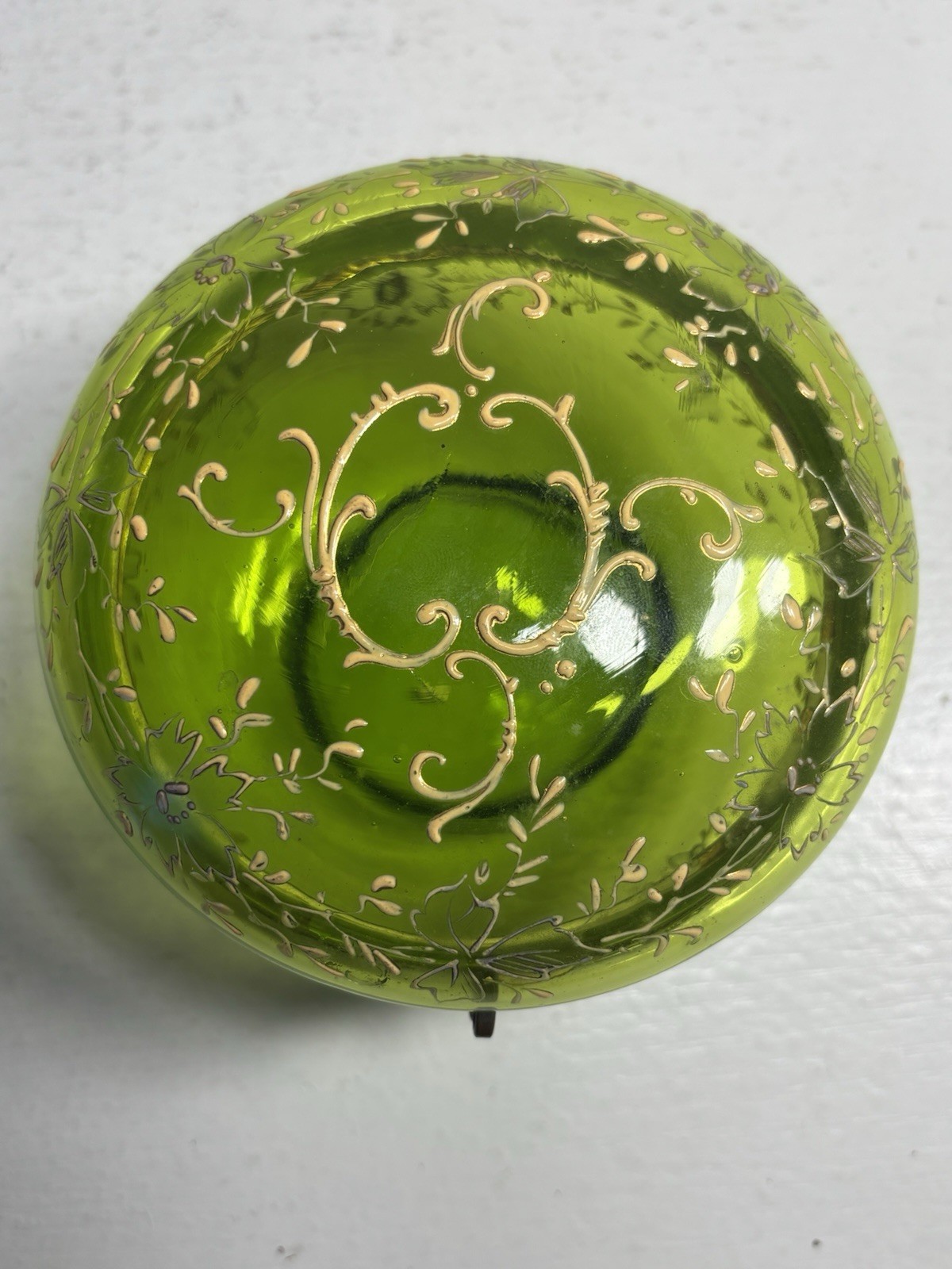 Antique Bohemian Moser Green Glass Trinket Box Gold Enamel Dresser Jar