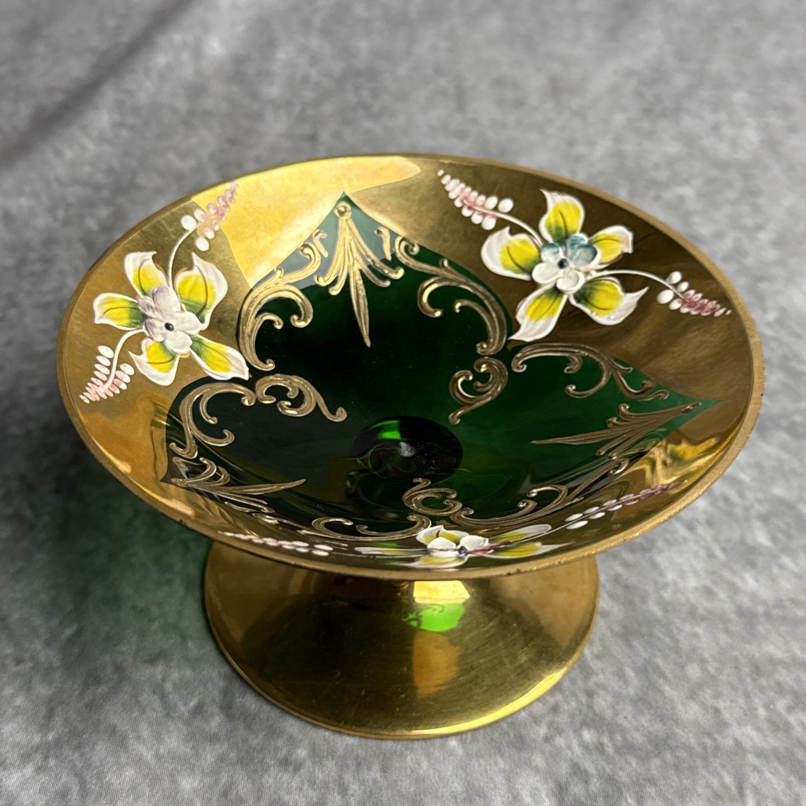 Vintage Bohemian Glass Green Gold Encrusted Applied Flowers Compote 3” x 5”