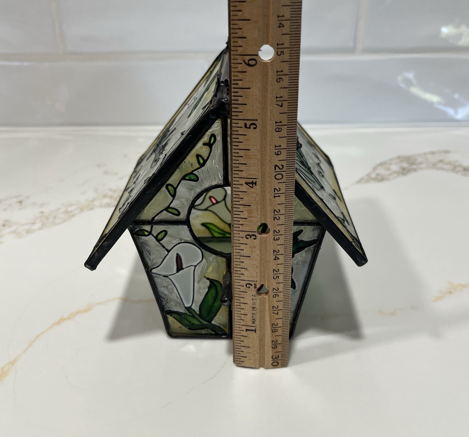 Painted Glass Birdhouse Suncatcher with Calla Lily & Humming Bird Motif