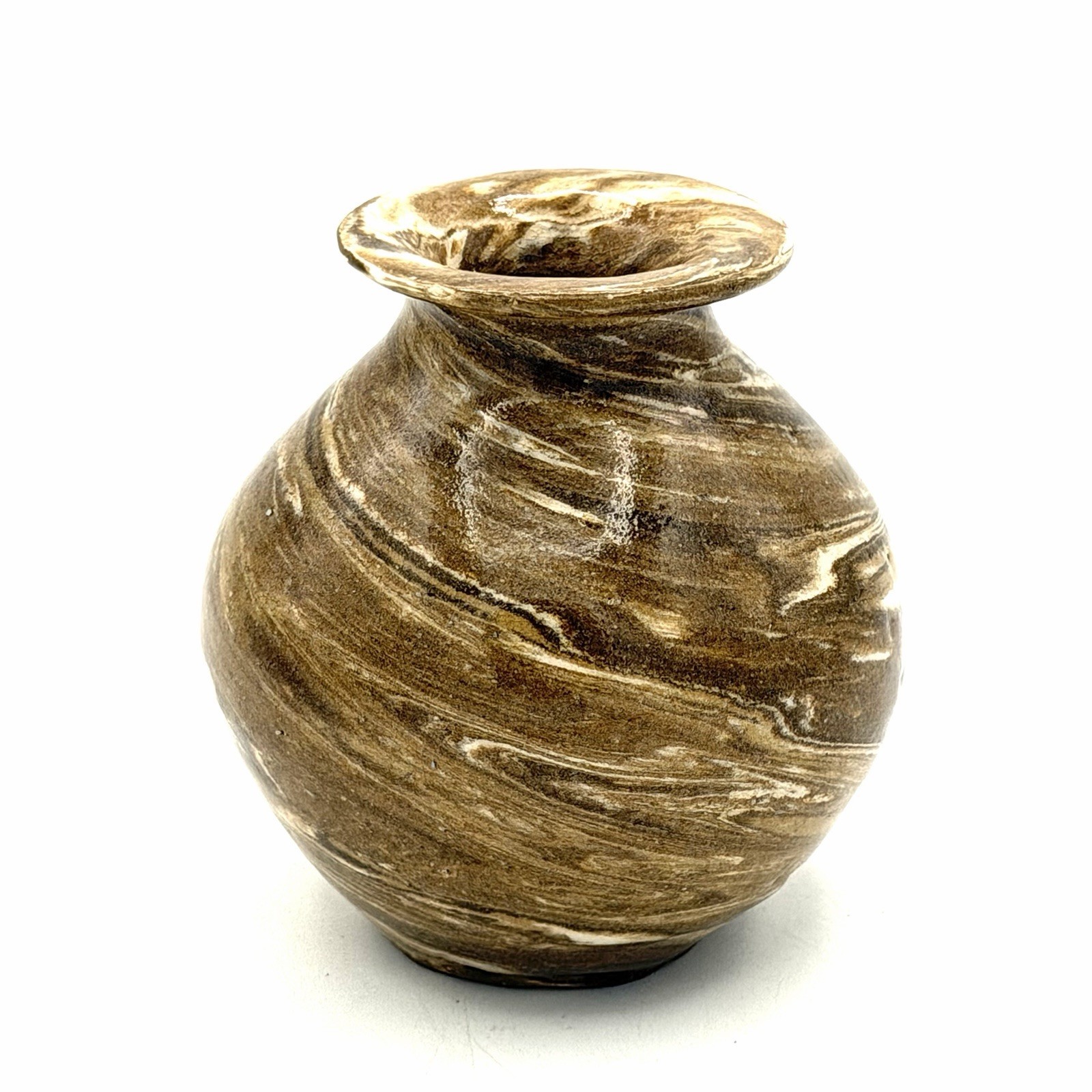 Swirl Brown Tan Art Pottery Stoneware Vase Signed by Artist 4.5 X 2.5 Inch