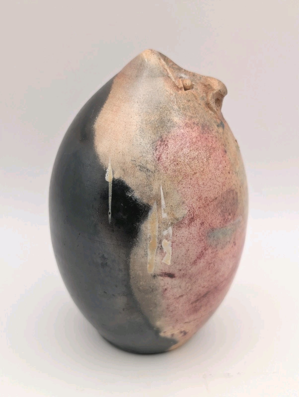 Signed Pottery Raku Vessel Penquin Or Face Like Sculpture Pink Black Vintage
