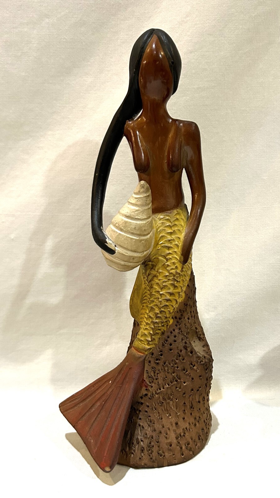 Clay Pottery Redware Sculpture Mermaid Holding Shell 10″ Folk Art Peru