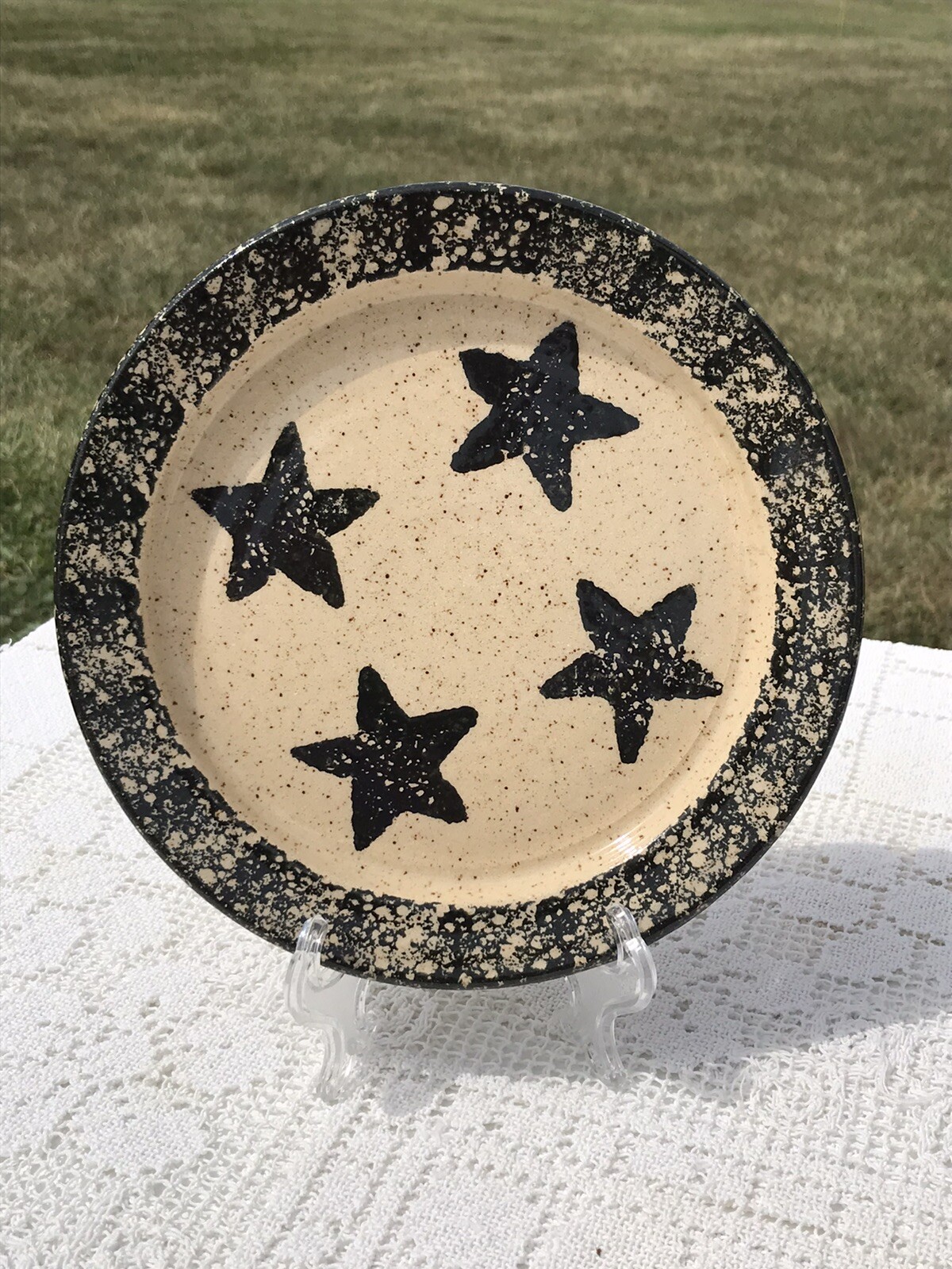 Liberty Pottery Candle Plate Black Beige Spongeware Becky Roscoe Village 2004