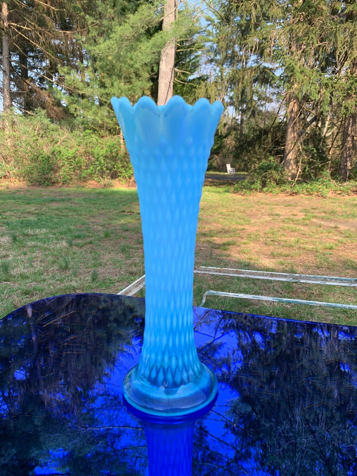 Northwood Blue Opalescent Glass Diamond Point Swung Vase 10.25″ Signed N 1900