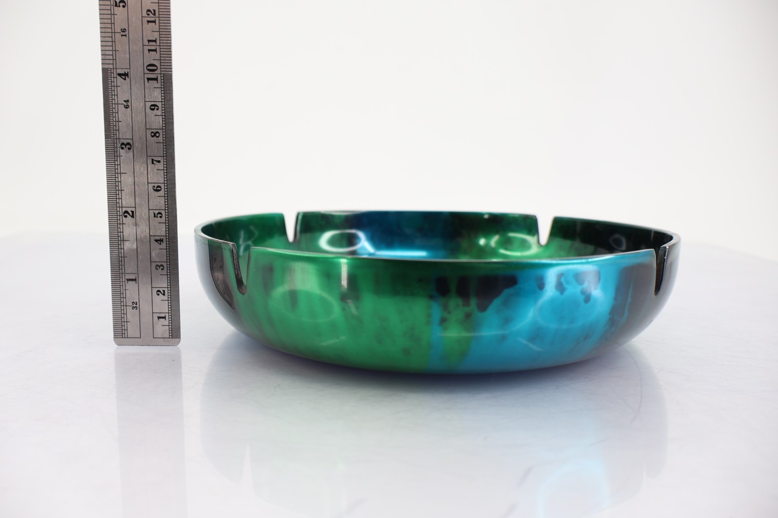 Iridescent Teal Green Black Enamel Metal Ashtray Catchall Dish Vintage MCM
