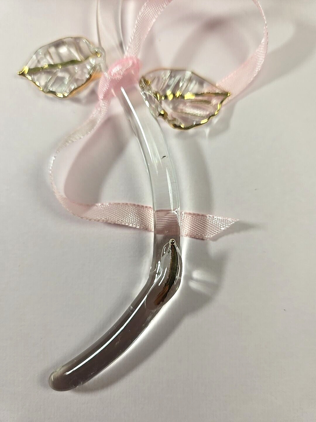 2″x6″ Blown Glass Pink Rose Art Glass Sculpture with Pink Ribbon
